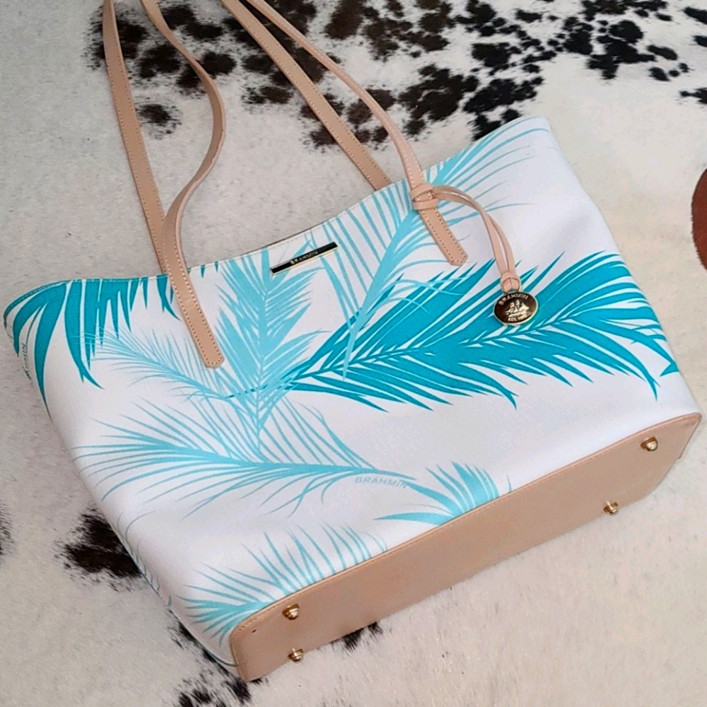 Brahmin white tan blue palm tree purse